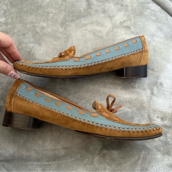 Salvatore Ferragamo Women’s Loafers 9.5 Light Brown Light Blue Woven Bow Casual - Picture 9 of 15